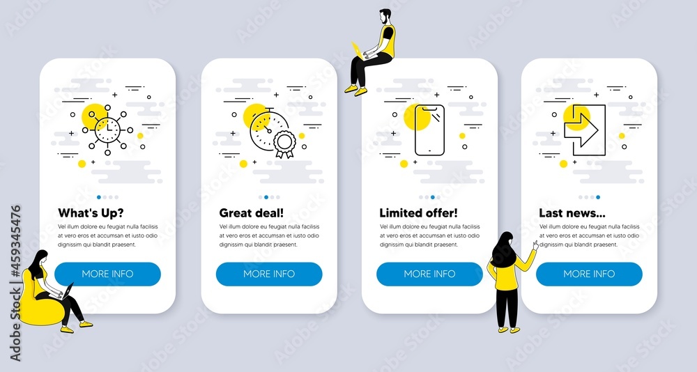 Poster vector set of technology icons related to smartphone, best result and world time icons. ui phone app
