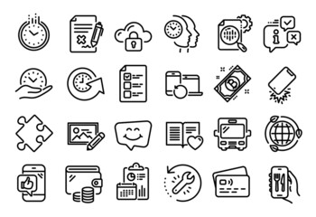 Vector set of Smile chat, Update time and Restaurant app line icons set. Calendar report, Money wallet and Credit card tag. Recovery devices, Eco energy and Seo stats icons. Vector