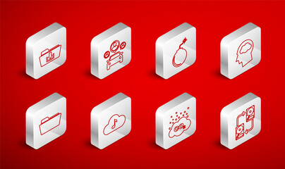 Set line Data exchange with hhd, Car sharing, Bomb ready to explode, Head silhouette cloud, CO2 emissions, Folder download, Music streaming service and icon. Vector