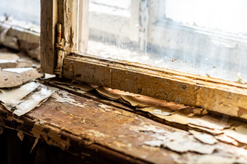 abandoned hotel building. old dirty window. horror interior