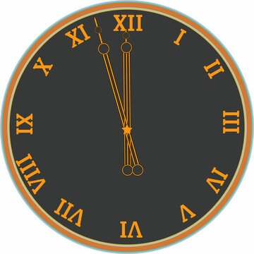 Front view of a clock isolated on a white background with Roman numerals.