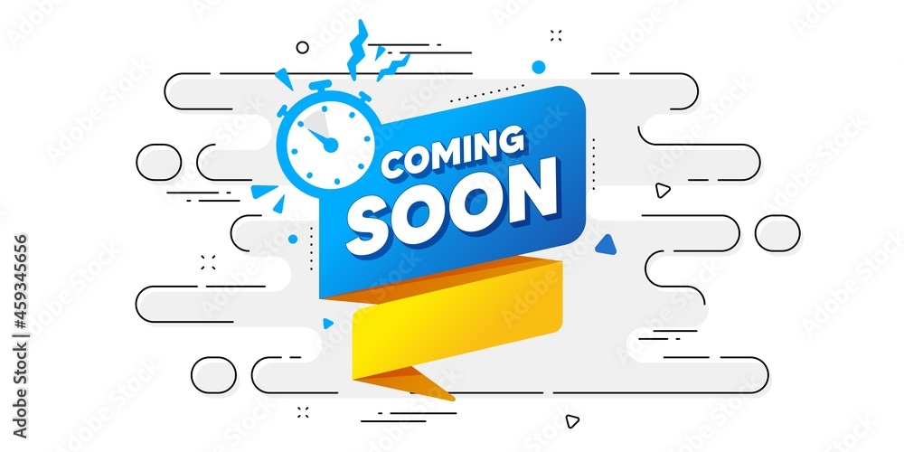 Poster coming soon paper banner. geometric ad banner on flow pattern. timer announcement tag. new open time