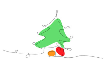 Vector christmas tree with gifts in line art style with color spots, new year decorations, one line