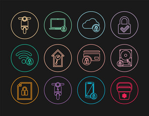 Set line Cooler bag, Hard disk drive and lock, Cloud computing, Retro wall watch, Wifi locked, Scooter, Credit card with and Laptop icon. Vector
