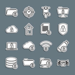 Set line Computer api interface, USB flash drive with lock, Shield security, Electric scooter, Retro wall watch, Cloud computing, Folder and and Document icon. Vector