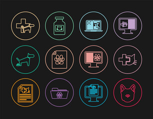 Set line Dog, Veterinary clinic, Clinical record dog on laptop, Medical certificate for cat, pooping, pet monitor and Cat medicine bottle icon. Vector