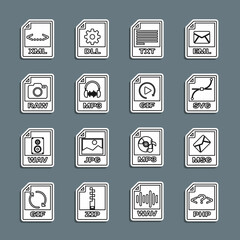 Set line PHP file document, MSG, SVG, TXT, MP3, RAW, XML and GIF icon. Vector