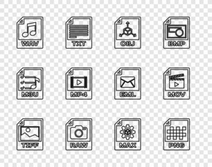 Set line TIFF file document, PNG, OBJ, RAW, WAV, MP4, MAX and MOV icon. Vector