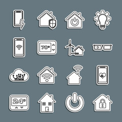 Set line House under protection, Mobile with heart rate, Smart glasses, home, Thermostat, wi-fi wireless, charging battery and wind turbine icon. Vector