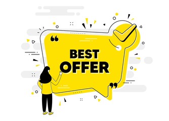 Best offer text. Check mark chat bubble banner with people. Special price Sale sign. Advertising Discounts symbol. Best offer approved chat message. Checklist user background. Vector
