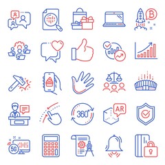 Business icons set. Included icon as Analytics chart, Graph chart, Hammer blow signs. Clock bell, Swipe up, Teamwork symbols. Arena stadium, Like, Laptop. Bitcoin project, Hand, Court jury. Vector