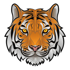 Tiger mascot colored face. Sticker of Amur tiger head. Isolated tiger logo cut paper style vector illustration of 2022 year symbol. 