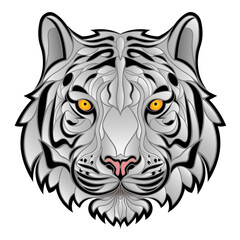 White Bengal tiger head. Head of siberian gray haired tiger. Isolated vector logo cut paper style illustration. 