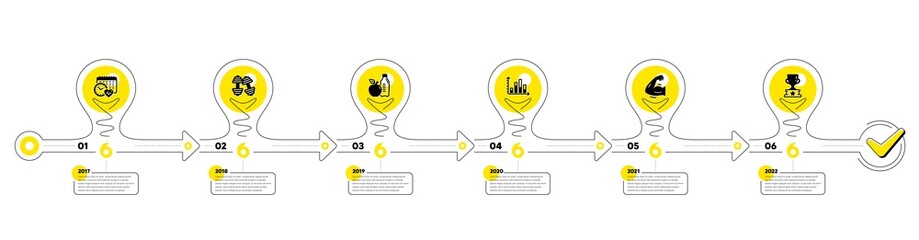 Gym Infographic timeline with 6 steps. Sport process diagram with Exercise schedule, Exercise analysis, Strong muscle arm and Goal target icons. Timeline infograph diagram. Vector