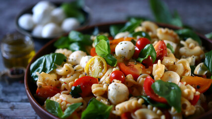 Selective focus. Pasta with tomatoes, basil and mozzarella balls. Italian food.