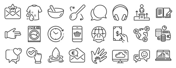 Set of Business icons, such as Water splash, Euro money, Cooking spoon icons. Business podium, Graph laptop, Budget accounting signs. Headphones, Cooking mix, Time change. Checkbox, Smile. Vector
