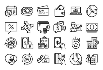 Vector set of Online statistics, Pie chart and Receive money line icons set. Calendar report, Money wallet and Credit card tag. Success business, Loan percent and Calendar discounts icons. Vector
