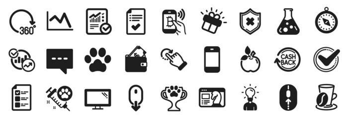 Set of Business icons, such as Blog, Dog vaccination, Approved checklist icons. Bitcoin pay, Monitor, Checked calculation signs. Seo strategy, Reject protection, Swipe up. 360 degrees. Vector
