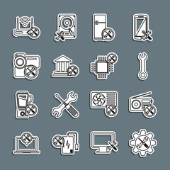 Set line Wrench and screwdriver in gear, Radio service, Refrigerator, Bank building, Video camera, Router wi-fi with and Processor icon. Vector