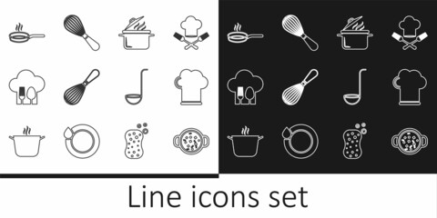 Set line Cooking soup in pot, Chef hat, Kitchen whisk, with fork and spoon, Frying pan, ladle and icon. Vector