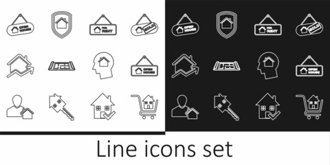Set line Shopping cart with house, Hanging sign Open, For Rent, House plan, Rising cost of housing, Man dreaming about buying and under protection icon. Vector