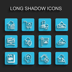 Set line House contract, Man dreaming about buying house, Rising cost of housing, with percant, Search, under protection, Hanging sign For Sale and Rent icon. Vector