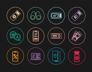 Set line Bus ticket, Train, Airline, Mobile with, Translator, Ticket and Binoculars icon. Vector