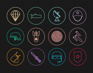 Set line Chevron, Rocket, Radar, Biohazard bomb, Military helmet, Parachute, with targets and Submarine icon. Vector