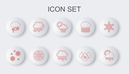 Set line Windy weather, Snow, Cloud with snow and sun, Water drop percentage, rain lightning, Snowflake and icon. Vector