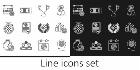 Set line Thoughts on a basketball, Sports winner podium, Award cup, Certificate award, Stopwatch with, Basketball sport calendar, and game ticket icon. Vector