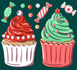 Christmas cupcakes set with winter sweets food and candy. Xmas muffin Santa Claus hat and Christmas tree. Dessert vector illustration