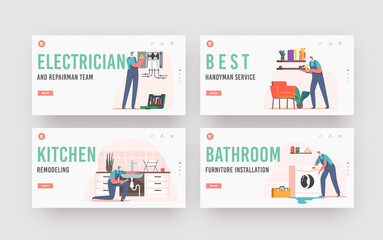 Repair Service Landing Page Template Set. Electrician, Plumber Call Master at Work. Handyman Masters Working