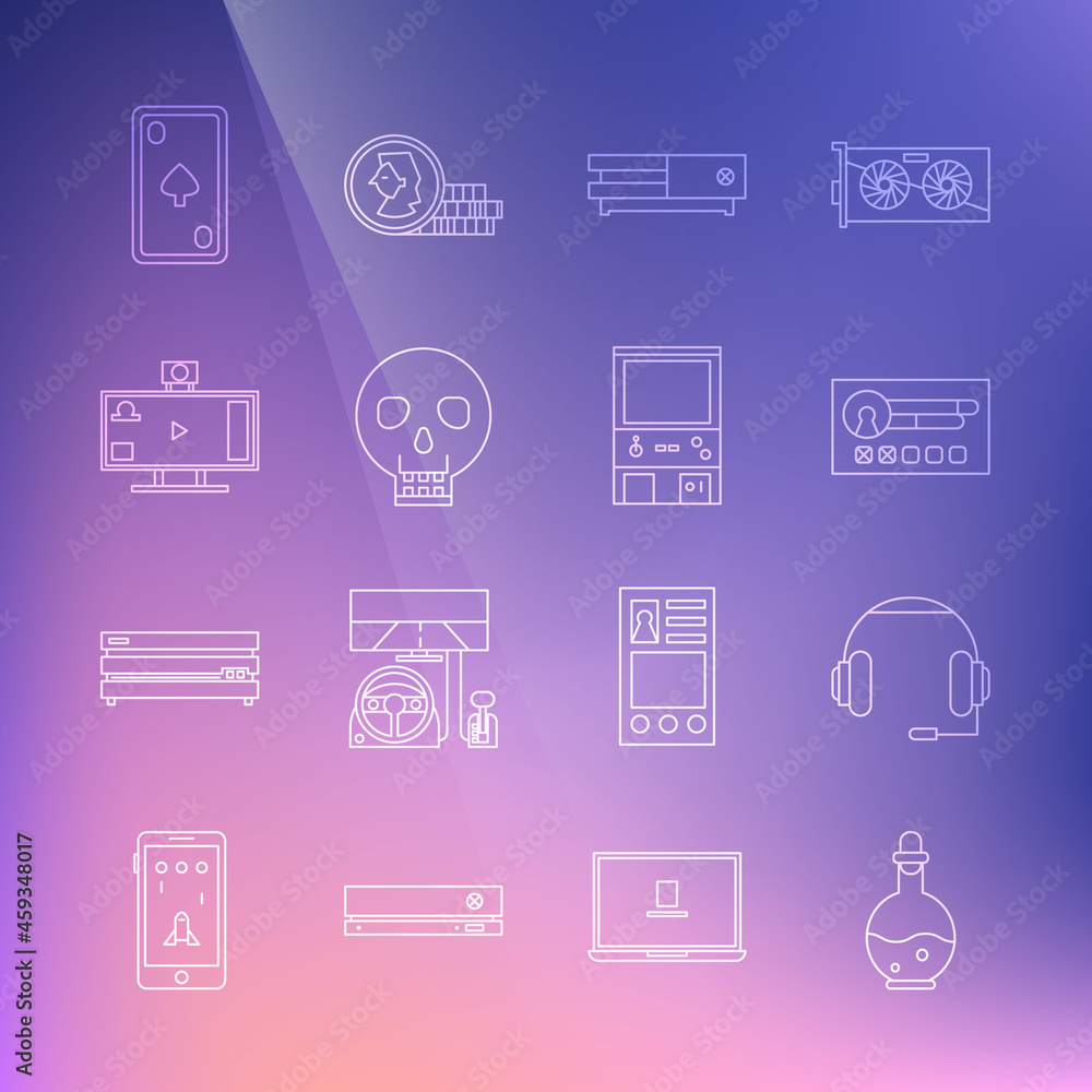 Poster set line bottle with magic elixir, headphones, create account screen, video game console, skull, liv