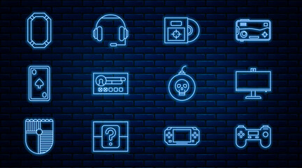 Naklejka premium Set line Gamepad, Computer monitor, CD DVD disk in box, Create account screen, Playing card with diamonds, Poker table, Bomb ready explode and Headphones icon. Vector