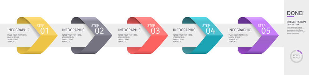 Infographic arrows with 5 step up options and elements. Vector template in flat design style, pastel colors