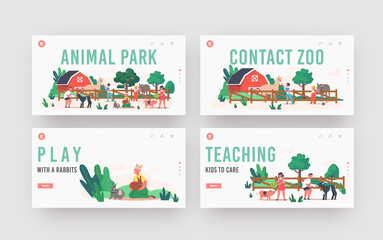Obraz na płótnie Canvas Little Kids Visit Contact Zoo Landing Page Template Set. Children Feeding Animals, Characters Petting Domestic Llama