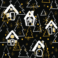 Vector Christmas houses seamless pattern. Winter forest, houses, pine trees and snowflakes. Perfect for greetings, invitations, manufacture wrapping paper, textile and web design. Christmas. Gold.
