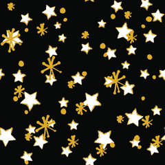 Classic christmas pattern. Winter seamless stars and snowflakes pattern. Seamless pattern for fabric, wrapping paper or wallpaper. Winter. Star. Snowflake. Gold.
Gold Christmas pattern.