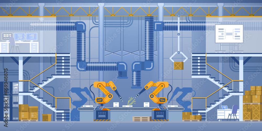 Poster automated production line in factory horizontal background. robotic manipulators making products on 