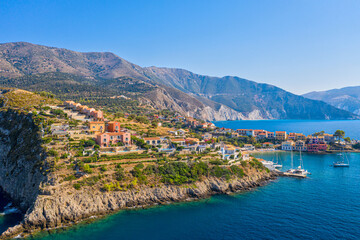 Aerial drone view of beautiful Assos village on Kefalonia Island in Greece