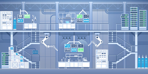 Automated scientific laboratory horizontal background. Robotic manipulators making tests on lab equipment, scientists workplaces. Abstract industrial panorama. Vector illustration in flat style