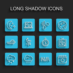 Set line Cloud with snow, rain, Moon and stars, Not applicable, Calendar sun, Rooster weather vane, Weather forecast and Compass icon. Vector