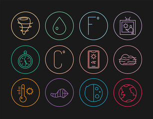 Set line Earth globe, Fog and cloud, Fahrenheit, Celsius, Compass, Tornado, Weather forecast and Water drop icon. Vector