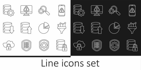 Set line Server security with lock, Sales funnel chart, Magnifying glass and gear, Server, Data, Web Hosting, Pie infographic and Monitor exclamation mark icon. Vector