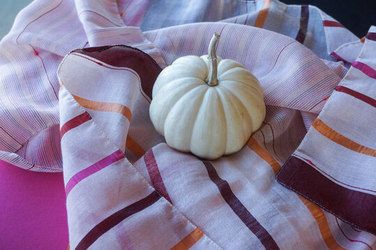 Ghost pumpkin, fall season symbol and holiday decoration, on colorful striped silk background.