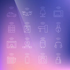 Set line Smart safe combination lock, headphones, electric plug, table lamp, washer, server, car system with wireless and water tap icon. Vector