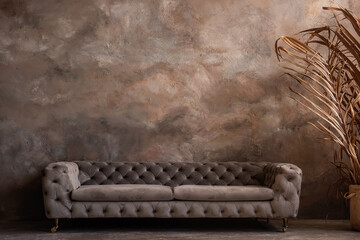 Dark loft interior with trendy, stylish gray sofa, dry grass by the window. Concrete background