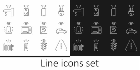 Set line Exclamation mark in triangle, Smart car system with wireless, Wireless smartphone, microwave oven, flasher siren, water tap, washer and stereo speaker icon. Vector