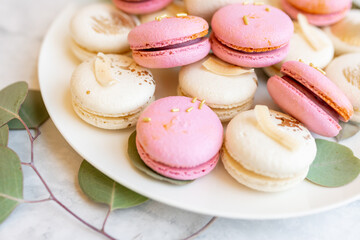 Pink and white macarons lie on a plate. Delicious cookies on a plate on a light background. Bakery