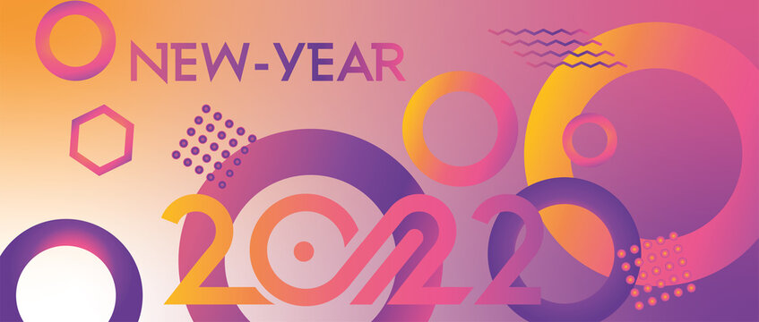 card or banner on a happy new year 2022 in purple and pink with geometric designs of several colors on a background in gradient from yellow to pink